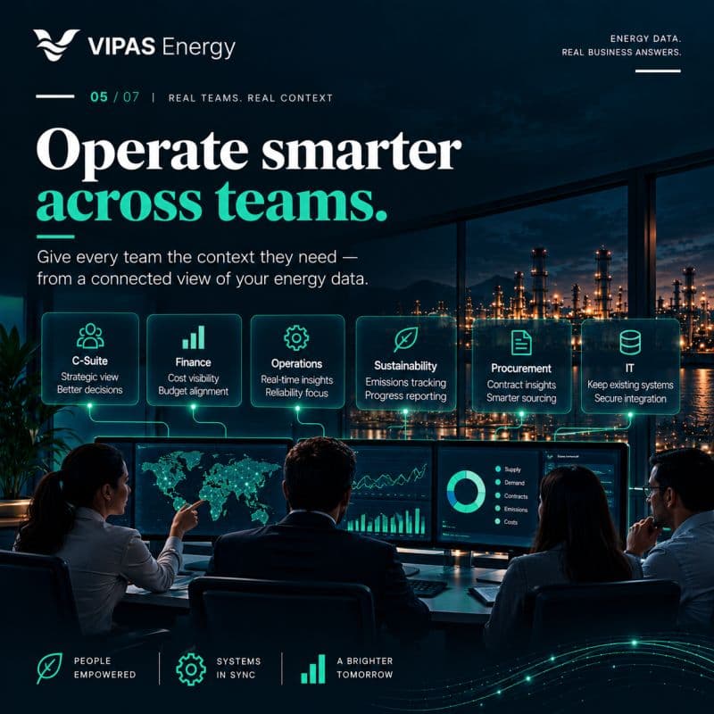 Real teams, real context: operate smarter across teams. The C-suite, finance, operations, sustainability, procurement and IT each get the context they need from a connected view of energy data.
