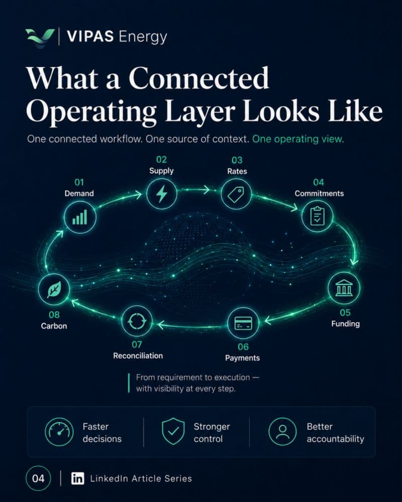 What a connected operating layer looks like: one loop from demand, supply, rates and commitments to funding, payments, reconciliation and carbon, for faster decisions, stronger control and better accountability.