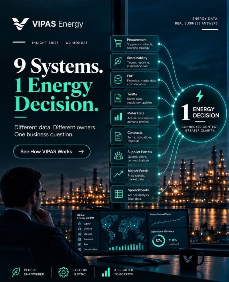 VIPAS interface preview for an energy decision touching procurement, sustainability, ERP, tariffs, meter data, contracts, supplier portals, market feeds and spreadsheets.