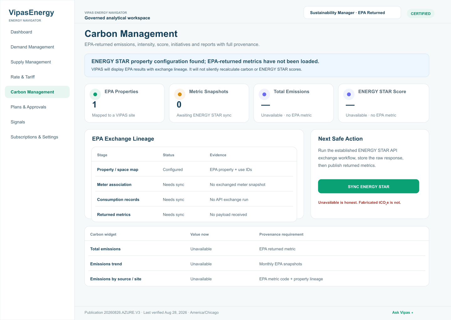 VIPAS Carbon Management product workspace