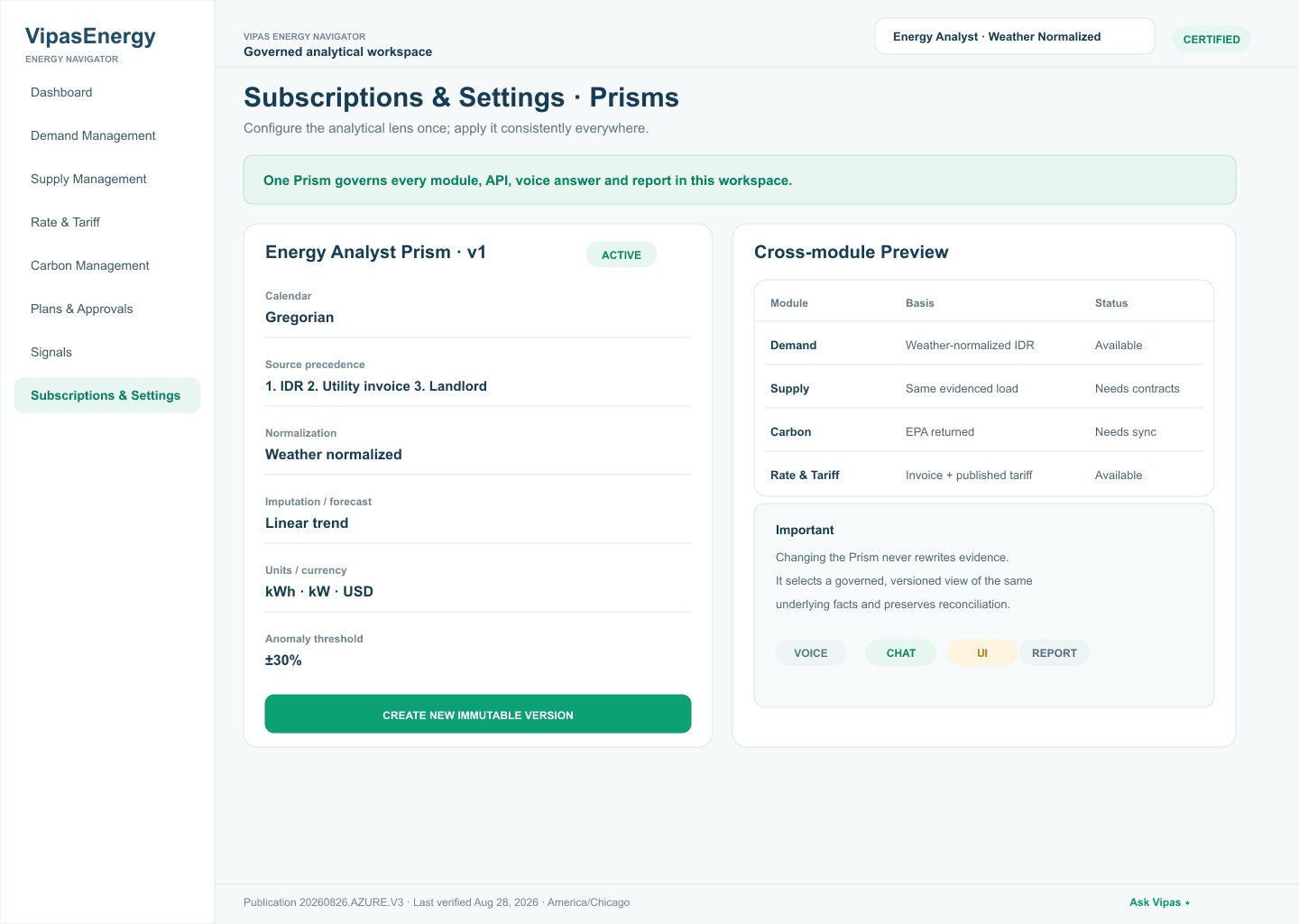 VIPAS Prism settings showing governed analytical policy across modules