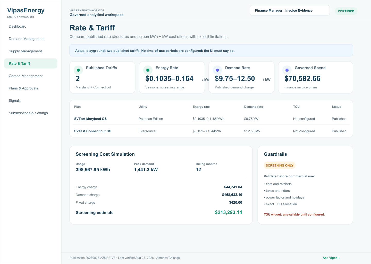 VIPAS Rate and Tariff product workspace