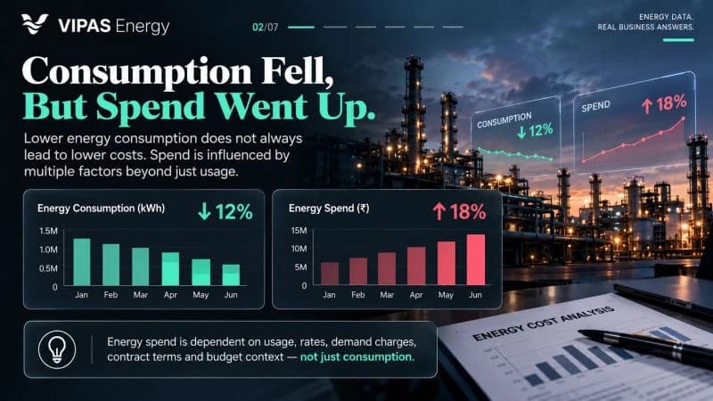 Consumption Fell, But Spend Went Up. Lower energy consumption does not always lead to lower costs. The creative illustrates consumption down 12% and spend up 18%.