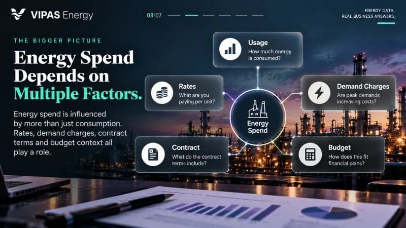 Energy Spend Depends on Multiple Factors: usage, rate, demand charge, contract and budget.