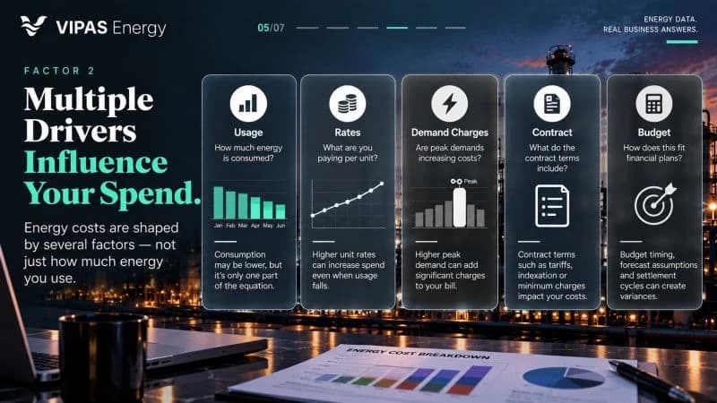 Multiple Drivers Influence Your Spend. Energy costs are shaped by several factors, not just consumption.